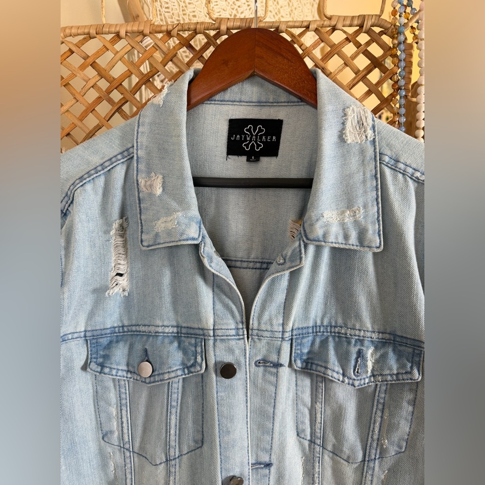JayWalker Light Blue Distressed Denim Trucker Jacket - Picture 2 of 12